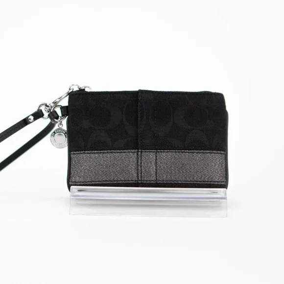 COACH Black Canvas Wristlet with Metallic Sparkly Stripe - Picture 1 of 11